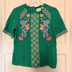Maeve Teal Floral Embroidered Blouse